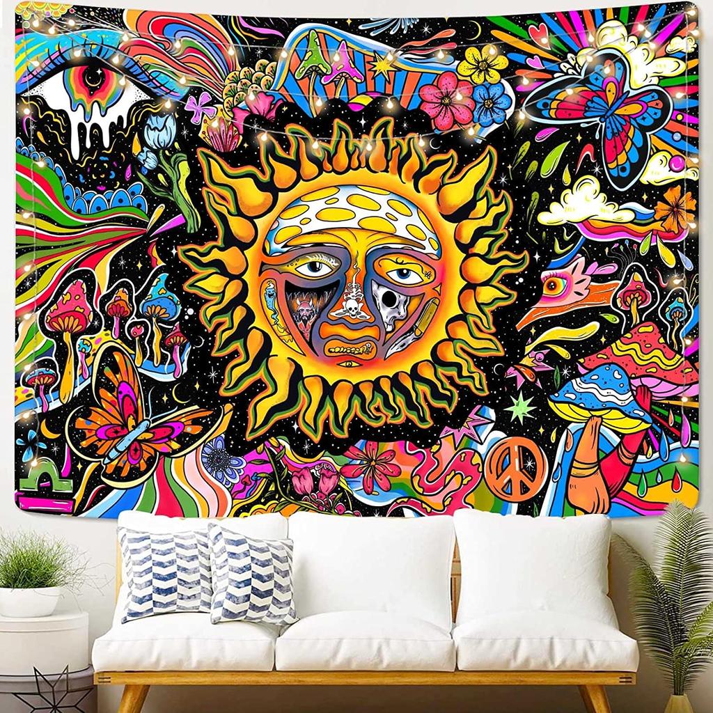 Burning Sun Tapestry Vintage Floral Psychedelic Mushroom Room Decor Aesthetic Plants And Leaves Tapestries Mystic Hippie Cloth
