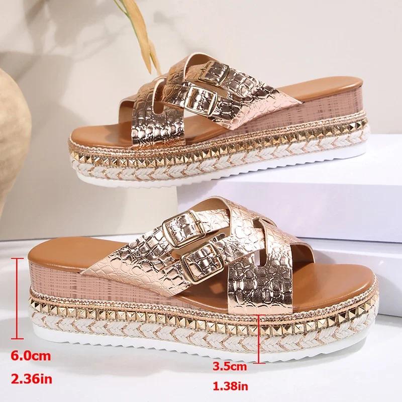 Fashion Women Shoes Fashion Cross Band Wedges Sandals Luxury Women Summer 2025 Platform Thick Bottom Slippers Plus Size Pu Leather Slide