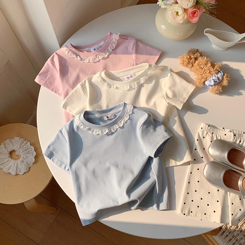 Девичья повседневная короткорукавная футболка с кружевной отделкой для лета, детский милый топ