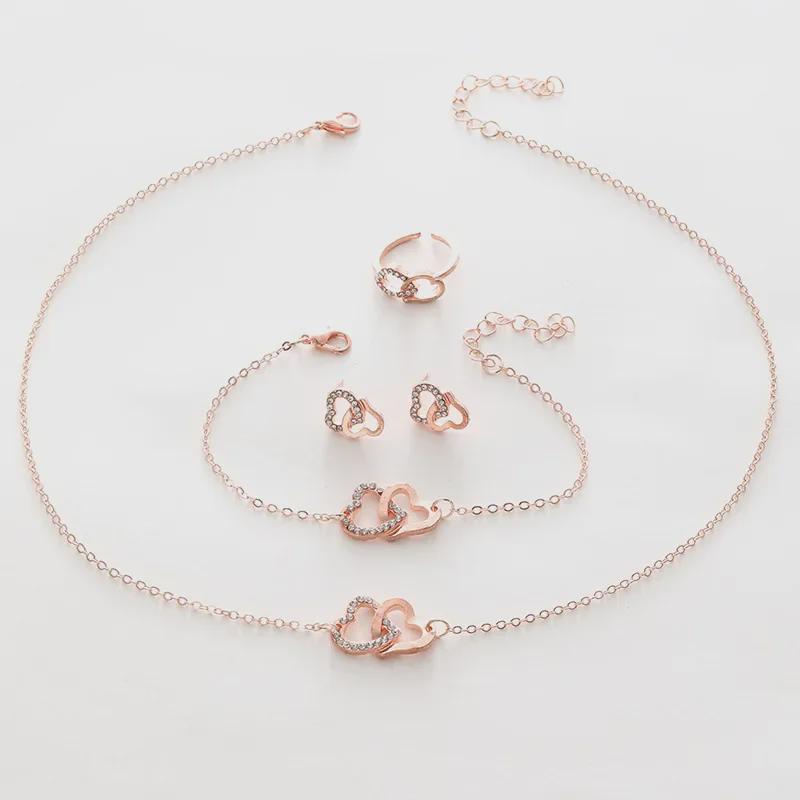 2024 Elegant European-American Double Heart Bridal Necklace Set - Light Luxury Jewelry Four-Piece