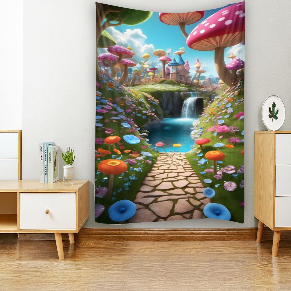 Dreamy Kawaii Fairy Tale Home Wall Tapestry Cartoon Forest Mushroom Castle Hanging Decoration for Bedroom Poster Bed Sheet