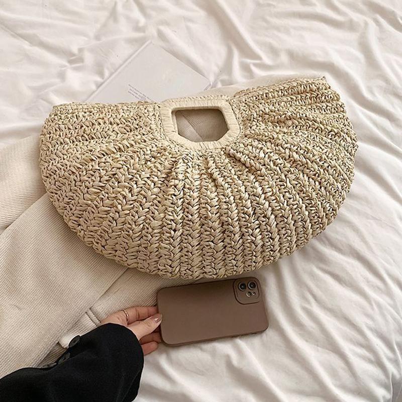 Woven Straw Bag Moon Large Capacity Purse and Handbag For Women Beach Basket Bags Fashion Travel Shoulder Shopper Totes
