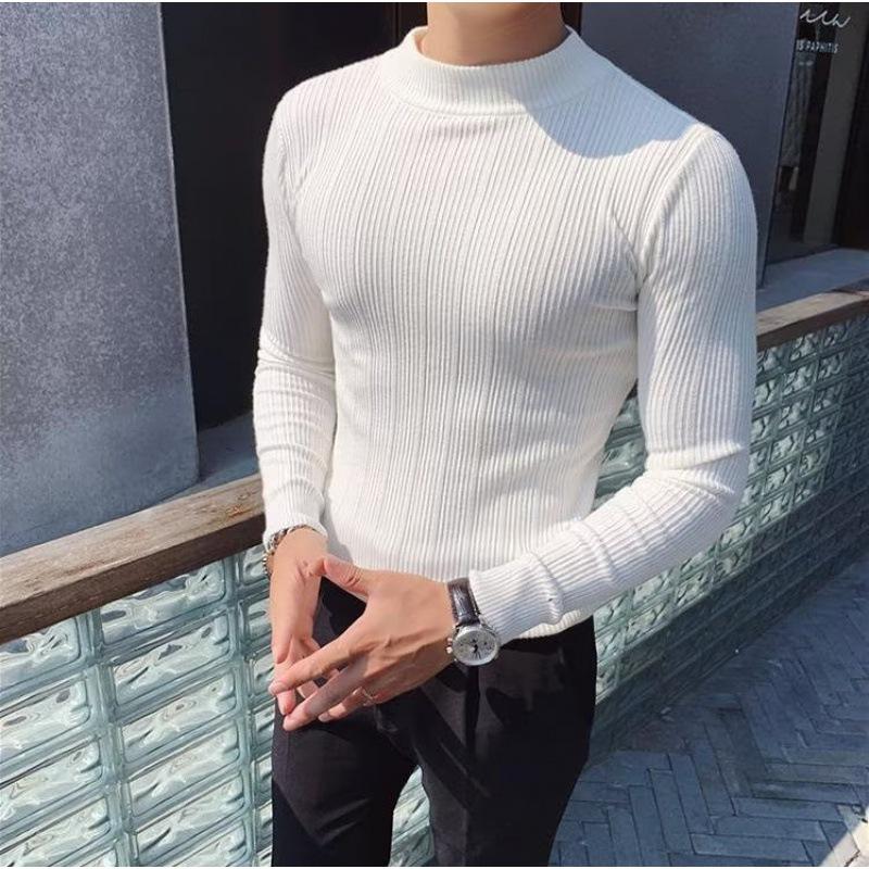 Мужской облегающий трикотажный свитер с длинным рукавом и полуводолазкой
