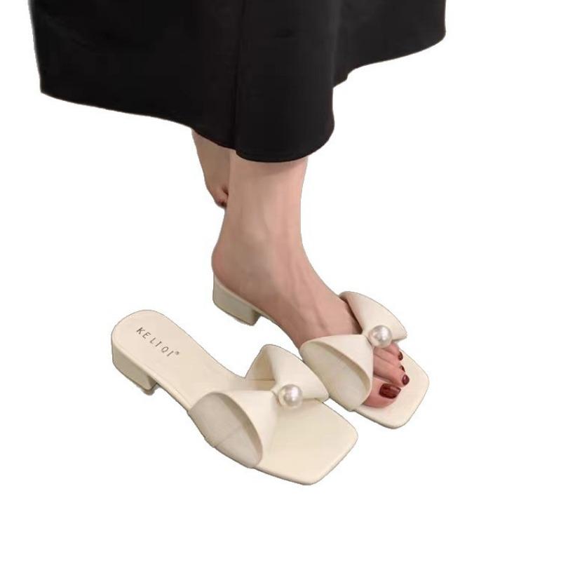 Розовые фееричные жемчужные банты толстый каблук крутые шлепанцы женские летняя одежда модные шлепанцы на одно слово лето новинка