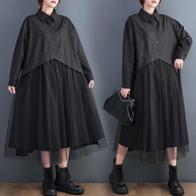 Dimanaf New Autumn Style Women Shirt Dress Black Patchwork Mesh Fashion Loose Dress 2022 Long Cardigan
