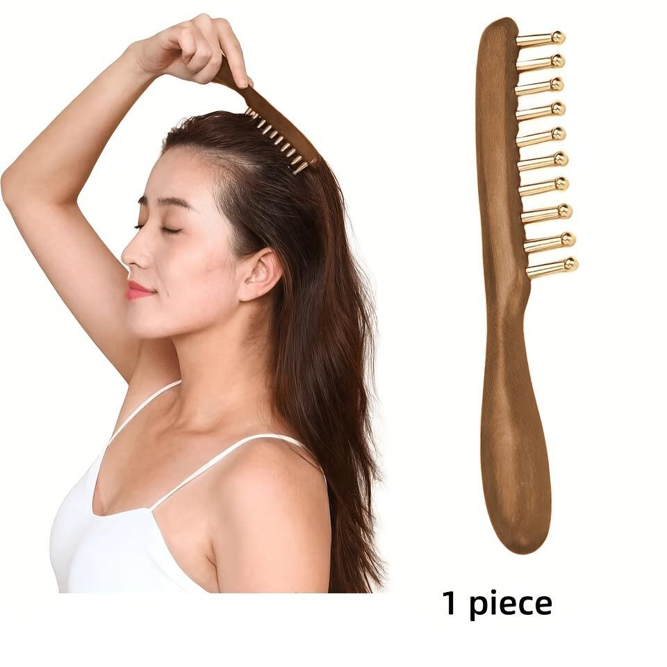 Wide Tooth Straight Massage Comb with Copper Teeth, Natural Golden Sandalwood Scalp Relaxation Comb, Practical Styling Comb