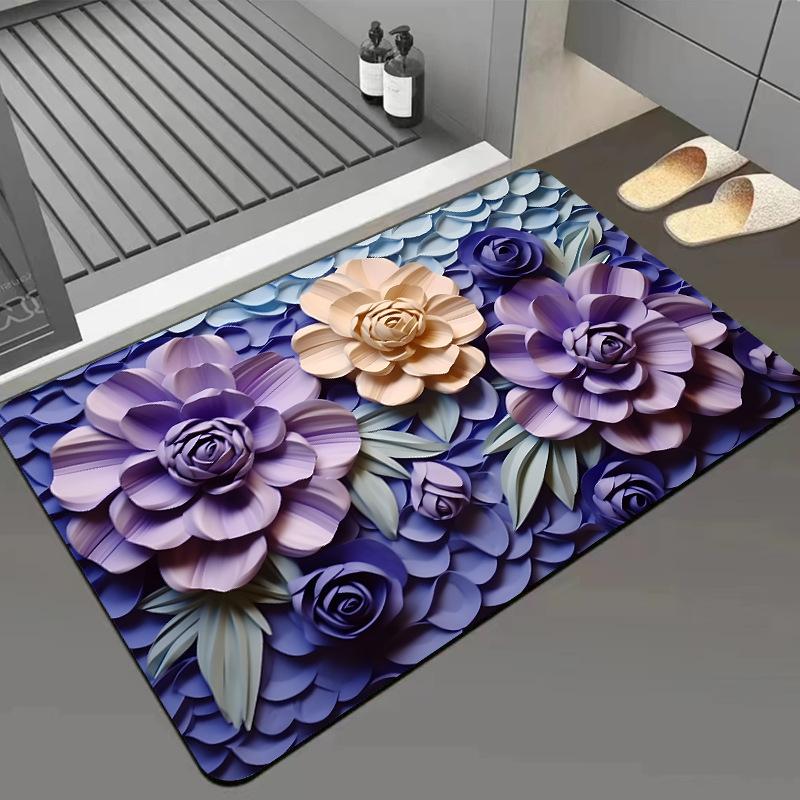 Green Flower Flat Surface Household Bathroom Toilet Absorbent Diatom Mud Floor Mat Non-slip Foot Mat Quick Dry Naked Eye 3D Floor Mat