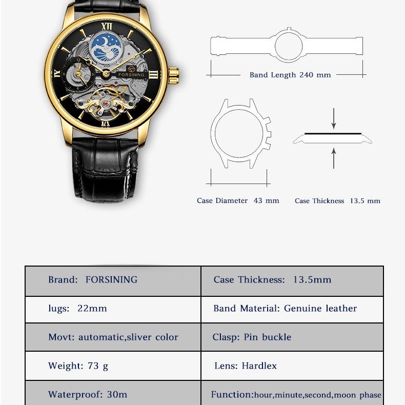 Forsining Men's Fashion Casual Hollow Moon Phase Automatic Mechanical Watch SLZe229-w