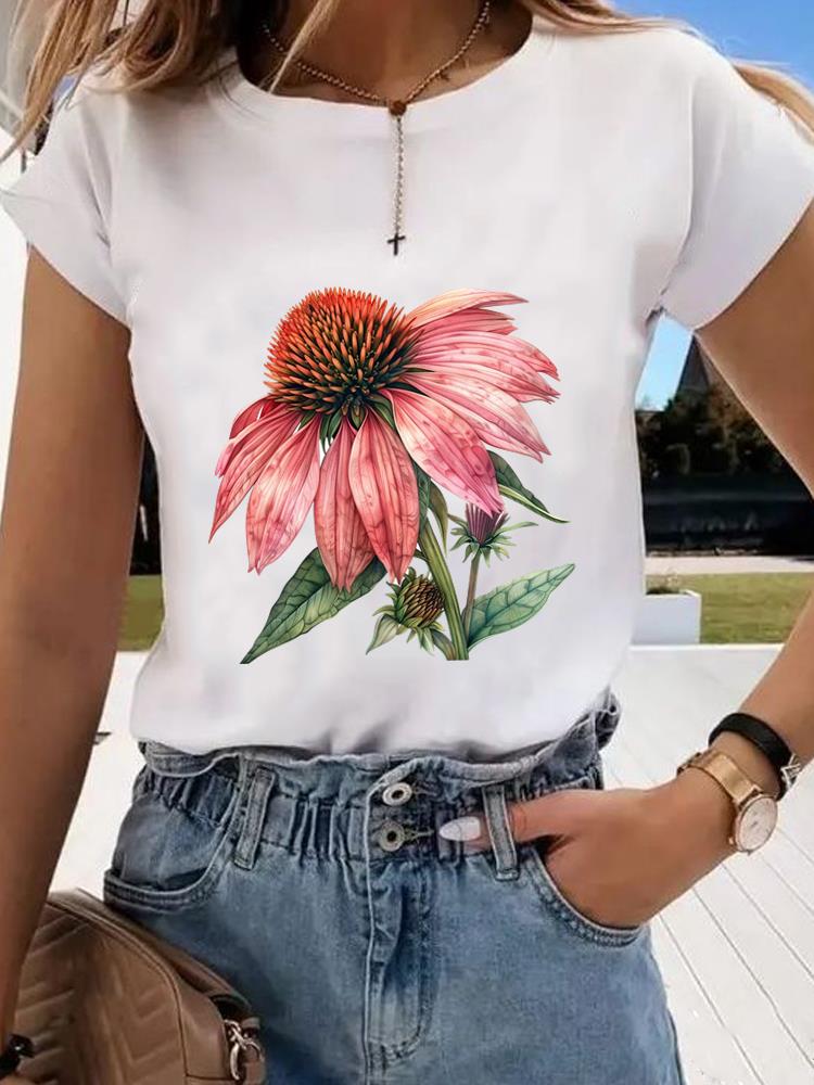 (Asian Size) Short Sleeve T-shirts Clothing Fashion Print T Female Travel Flower Casual Women's Top Graphic Tee