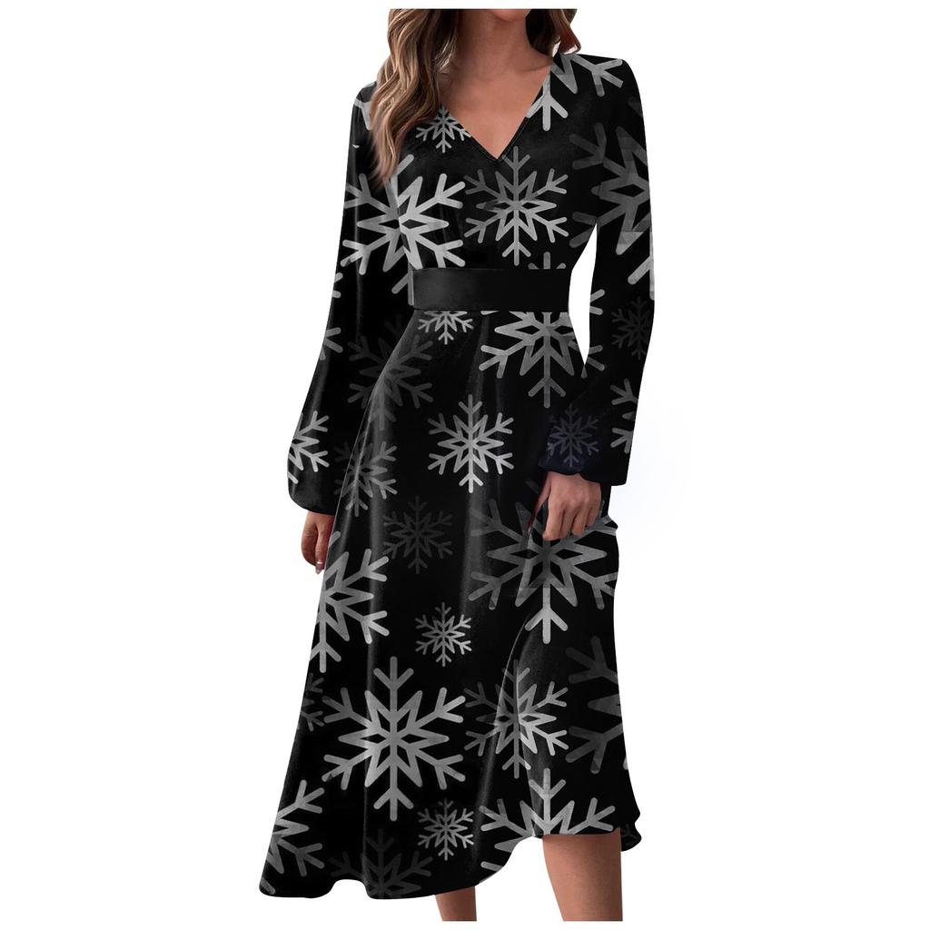 Women's Autumn And Winter Casual Fashion V-neck Long Sleeve Christmas Print Long Dress