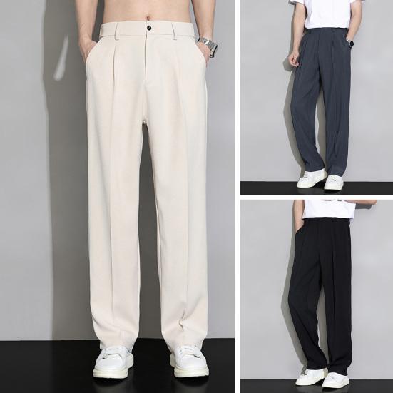 Men Ice Silk Casual Long Pants Elastic Waist Buttons Fly Pockets Straight Wide Leg Draped Thin Business Trousers