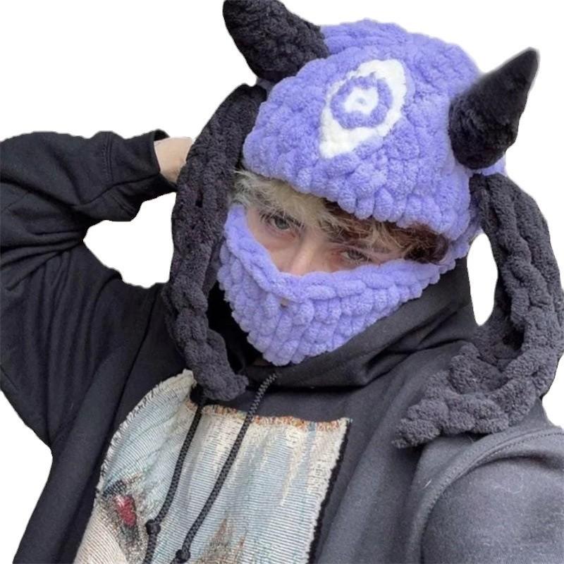 New Handmade Crocheted Ice Striped Cat Ear Hat, Fashionable and Versatile Autumn and Winter Adult Pullover Hat