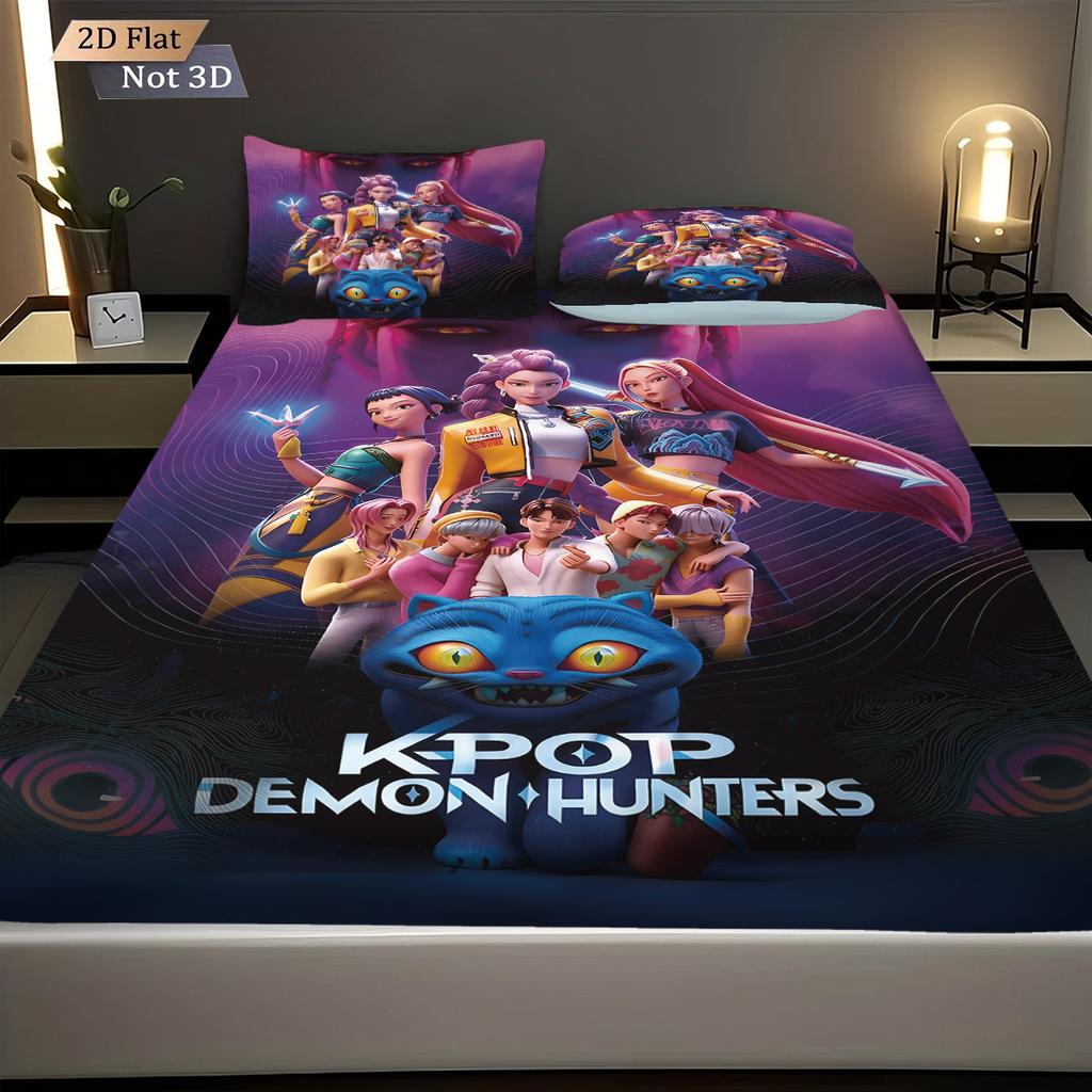 3pcs K-Pop Demon Hunters Printed Chipless Bed Sheet Set Multi Size Soft Bed Cover Bedroom Bedding Decoration Machine Washable