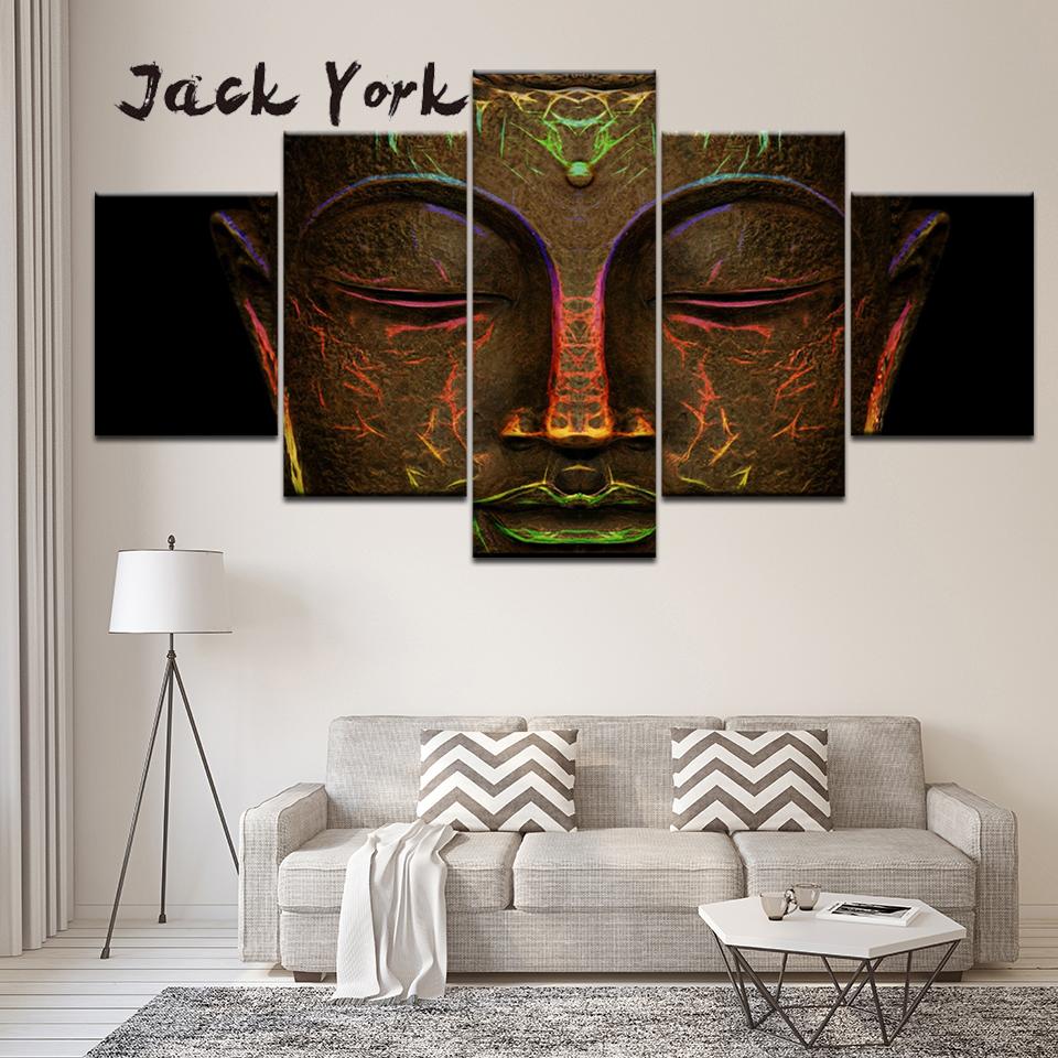 Canvas Painting glowing light bronze statue of buddha's face 5 Pieces Wall Art Painting Modular Wallpapers Poster Print Decor