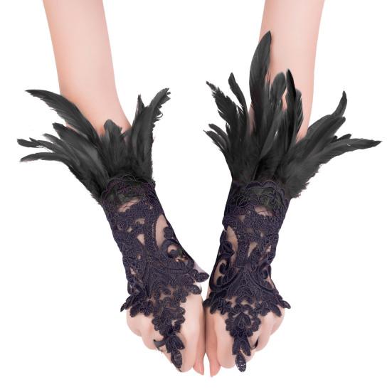 Women's Feather Wrist Cuffs Gothic Lace Feather Long Fingerless Gloves