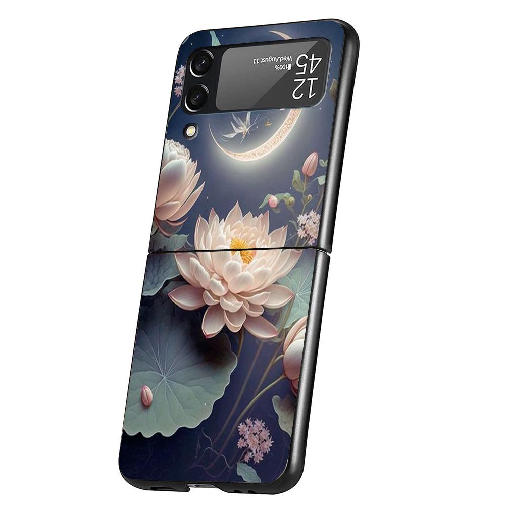 Lotus Blue White Flowers Case Phone Cover for Samsung Galaxy Z Flip 6 5 4 3 5G ZFlip6 ZFlip5 ZFlip4 ZFlip3 Black Hard Trend Fund