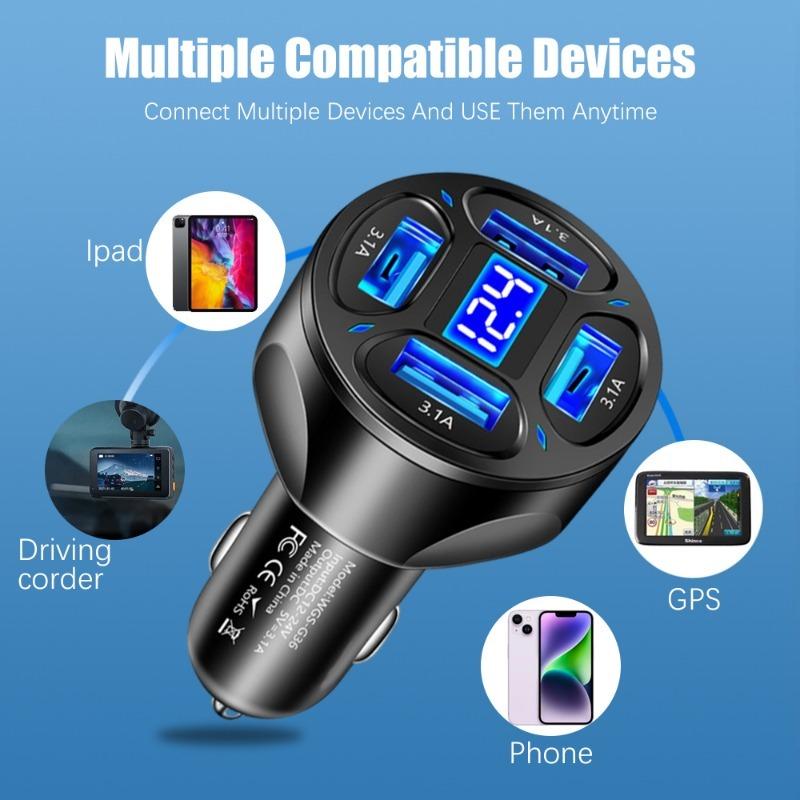 4 In 1 USB Car Charger 3.1A 12-24V Digital Display Car Mobile Phone Charger Adapter Car Charger for IPhone 14 13 Xiaomi Samsung