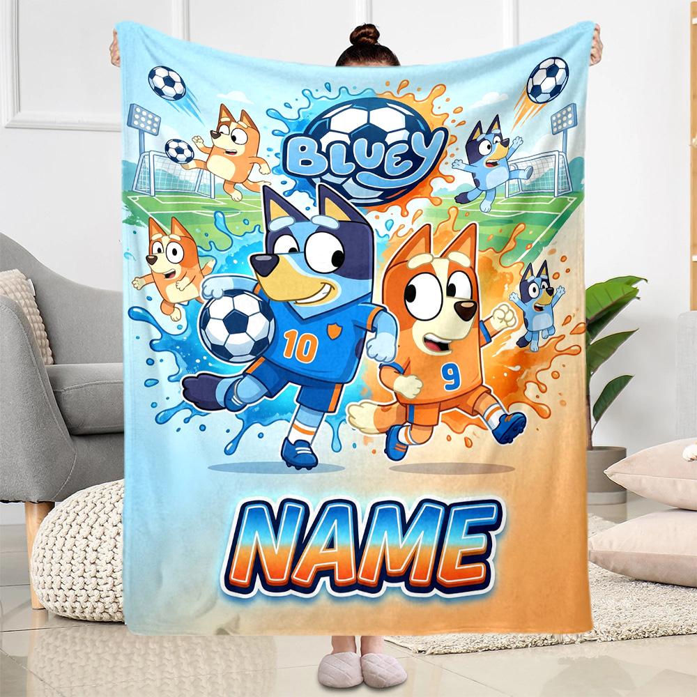 Bluey's Soccer Fun Personalized Name Blanket Cozy Customizable Blanket Ultra-Soft Versatile for Home Decor Chair Office Livingroom for All Occasions