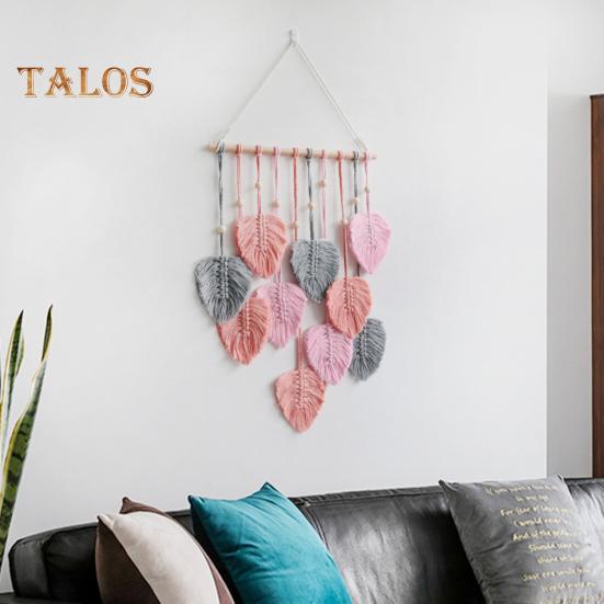 Boho Wall Decor Large Macrame Handmade Yarn Woven Wall Art Leaf Tapestry Wall Hanging With Faux Feathers For Home Decor