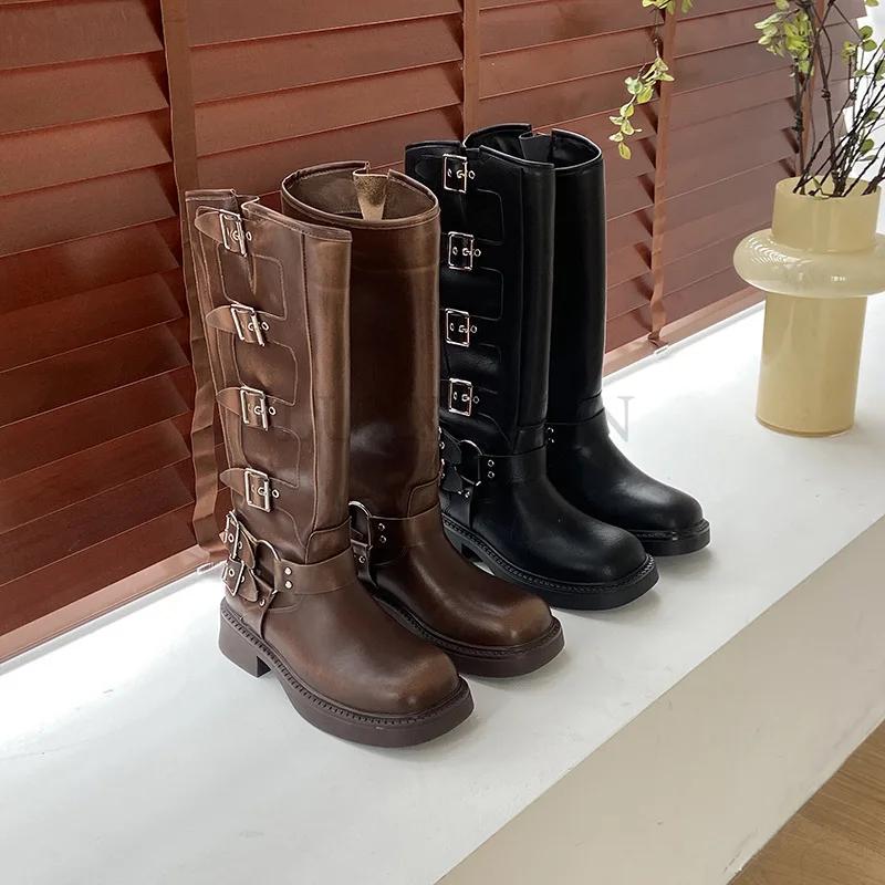 Мода Платформа Ботинки Combat Молния Chuny Heel Пряжка Винтаж Мода Повседневный Роскошь Дизайнер Western Mid Calf Boots Обувь Женщина