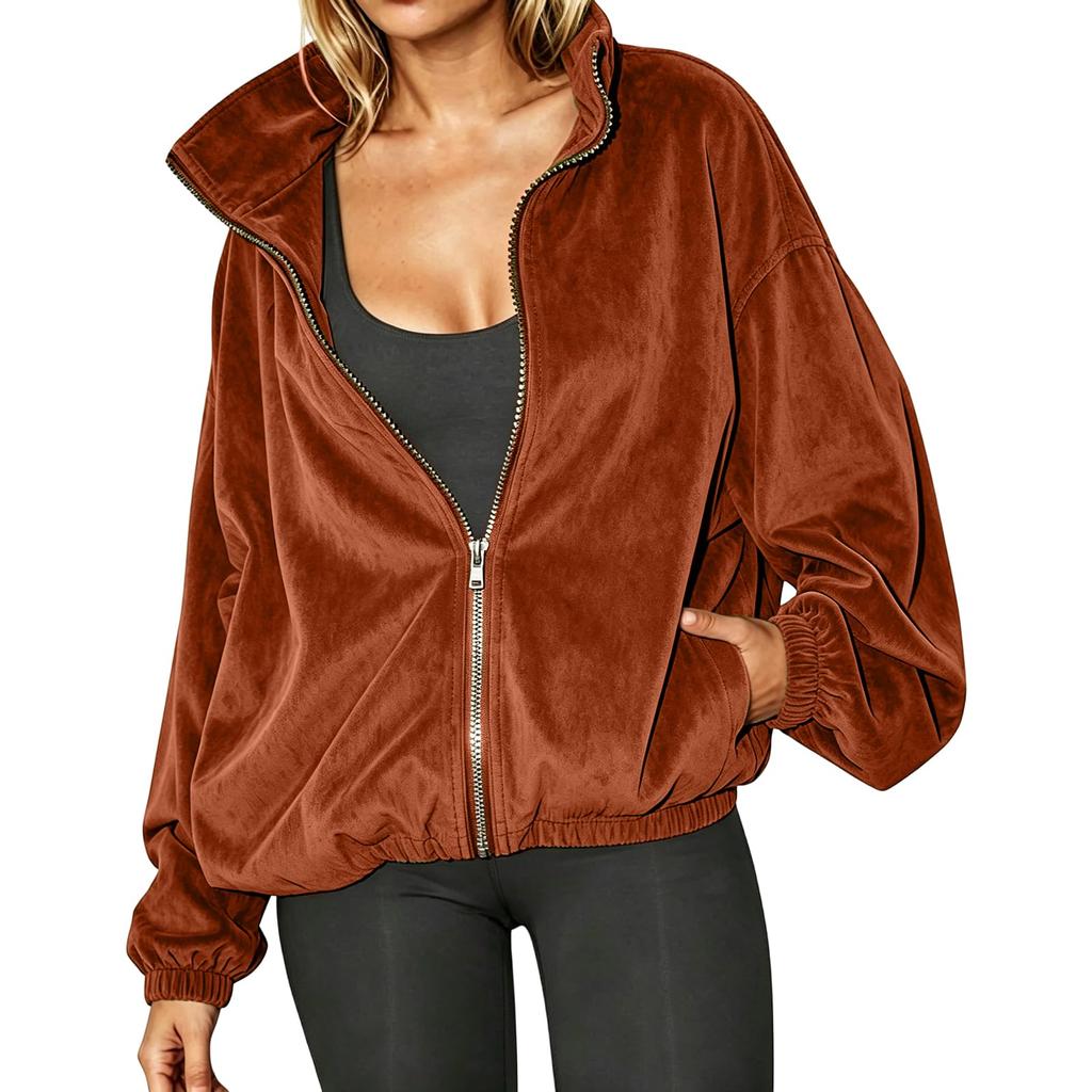Women's Zip-Up Stand Collar Sweatshirt Color Long Sleeve Casual Jacket Outerwear