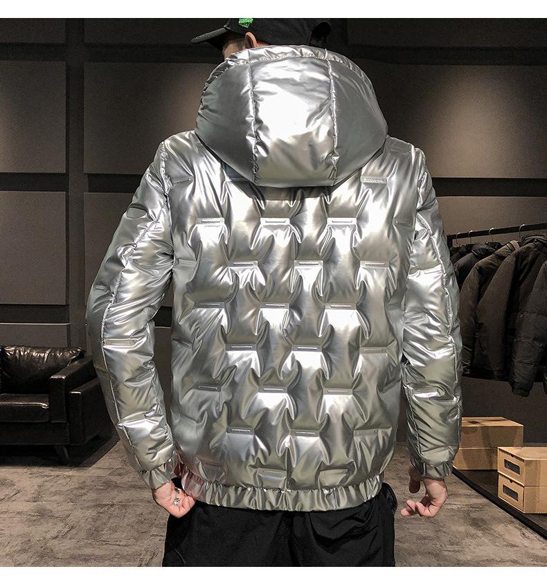 Мужской серебристый блестящий зимний пуховик, мужской теплый короткий белый утиный пух с капюшоном
