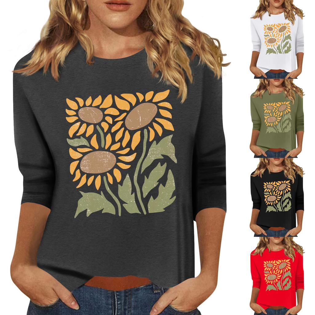 Women's Fashion Casual Printed Seven Sleeve Round Neck Top