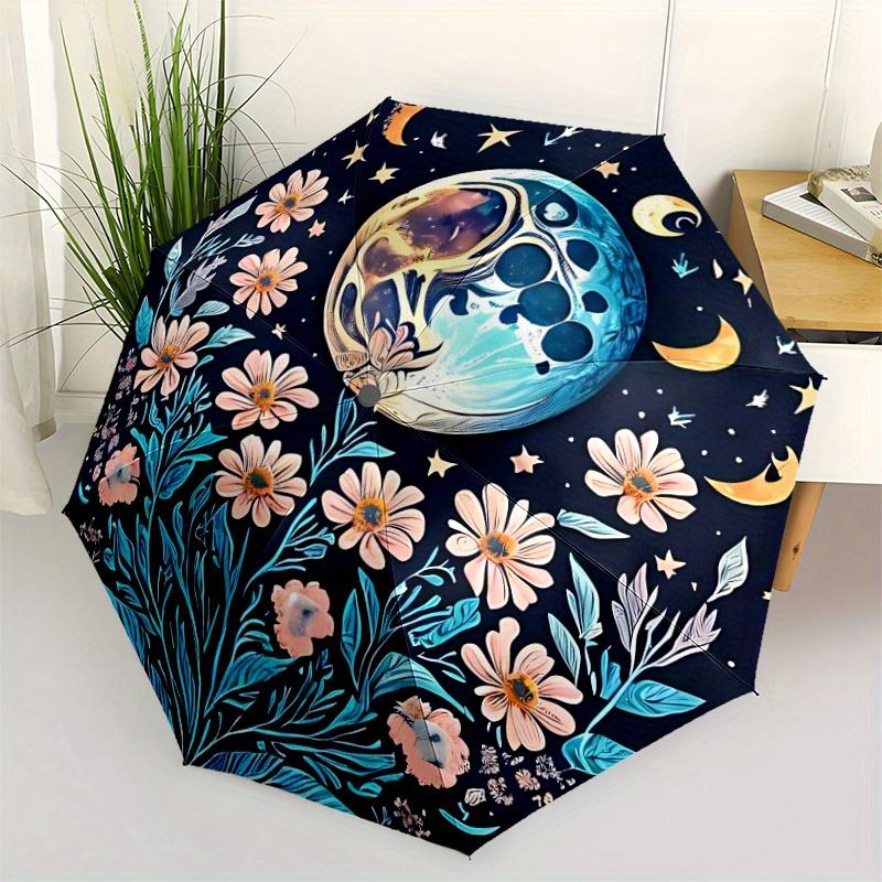 1pc Celestial Floral Print Folding Umbrella , 8 Ribs Casual Durable Lightweight Portable Travelling Umbrella For Men & Women yy250728069