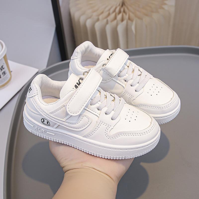 New children's school leather sneakers, casual versatile sneakers for older kids, running shoes with Velcro, solid color sneakers