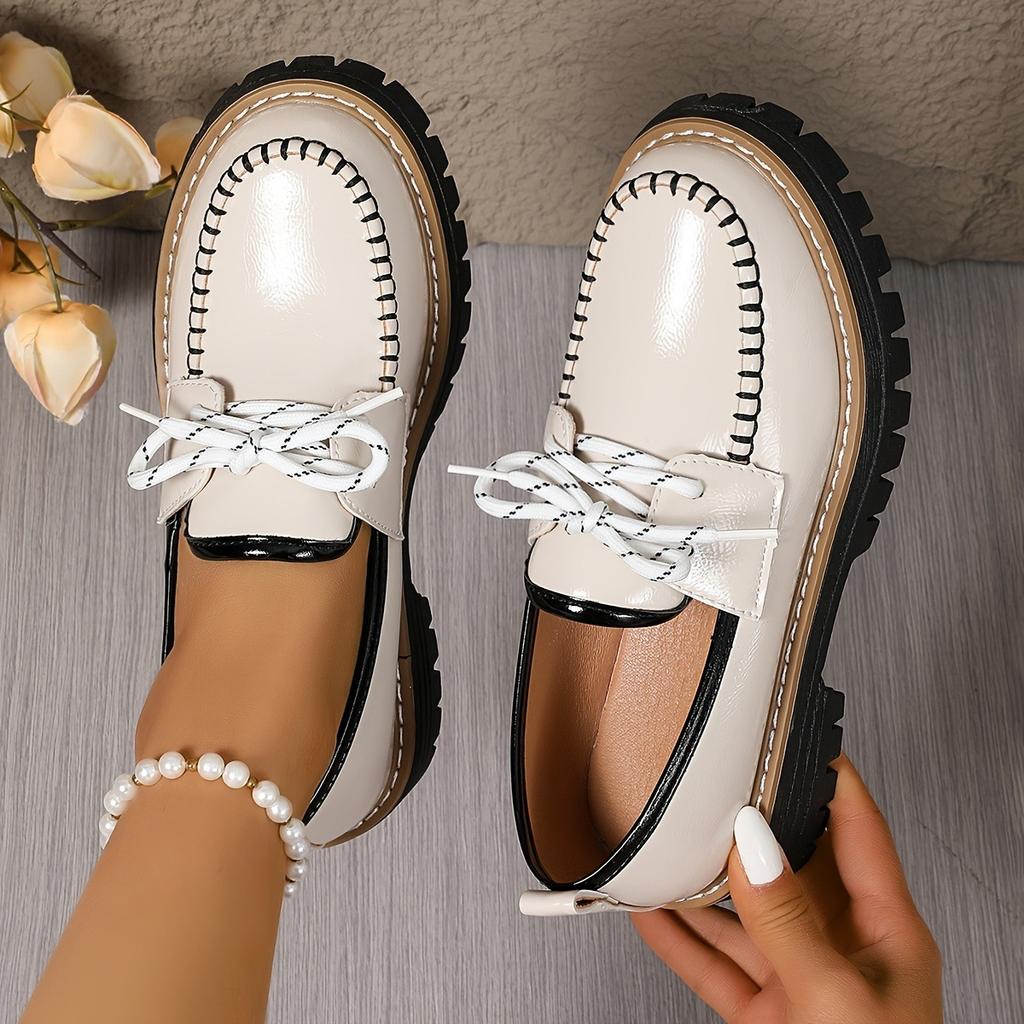 Женские модные и элегантные лоферы однотонной расцветки, декоративные туфли на шнуровке для путешествий, женская обувь в стиле колледжа с круглым носком и толстым каблуком