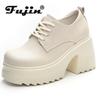 Fujin 10CM Genuine Leather Spring Summer Women Platform Wedge Pumps High Brand Shoes Hidden Heels Female Lace Up Moccasins Shoes