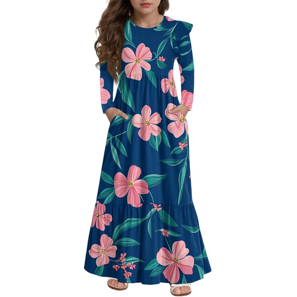 Girls' Tiered Ruffle Dress - Long Sleeve Printed Maxi With Pockets