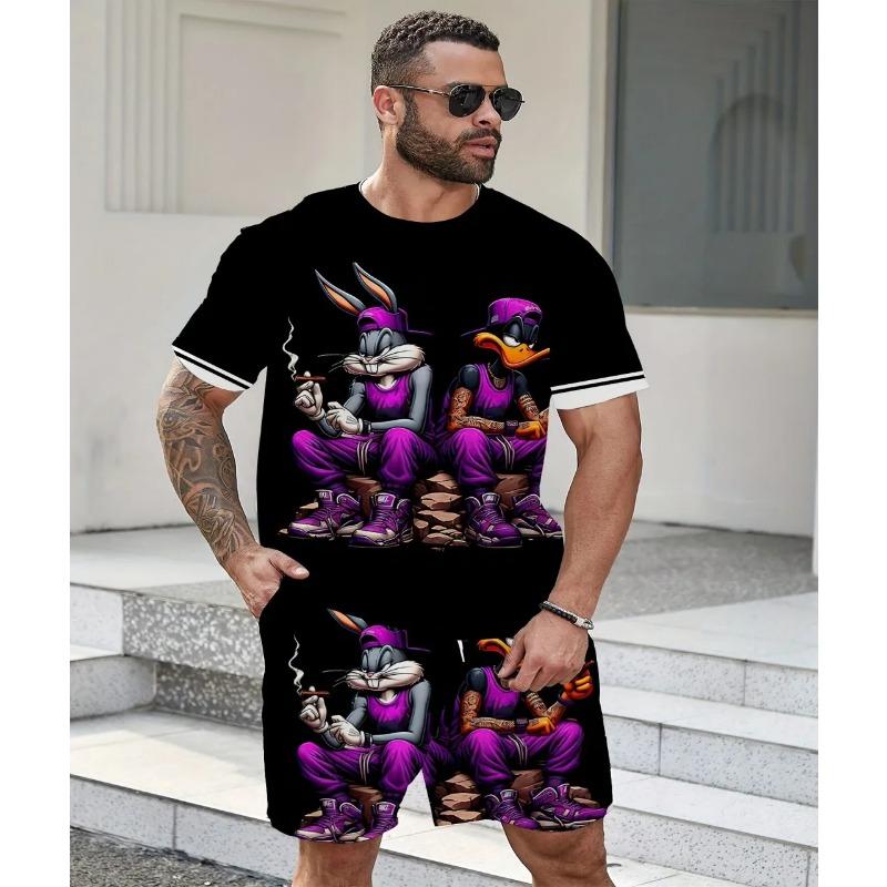 2025 Летний спортивный комплект из 2 предметов для мужчин, футболка с короткими рукавами и принтом в виде цветных блоков, шорты, комплект для бега, для улицы, для мужчин, светлый