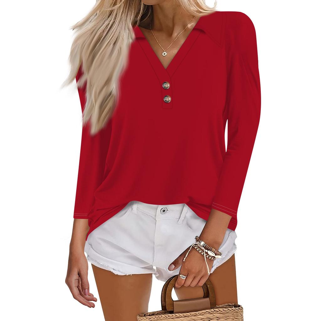 Женская летняя модная повседневная однотонная рубашка с v-образным вырезом и воротником на пуговицах с семиточечным принтом, топ