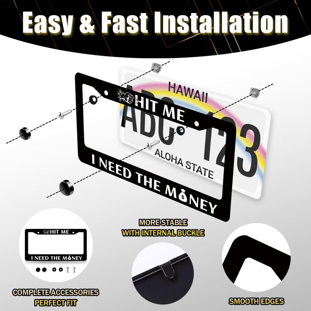 Funny License Plate Frame Hit Me I Need The Money License Plate Holder Stainless Steel License Plate Car Accessory Personalise License Plate