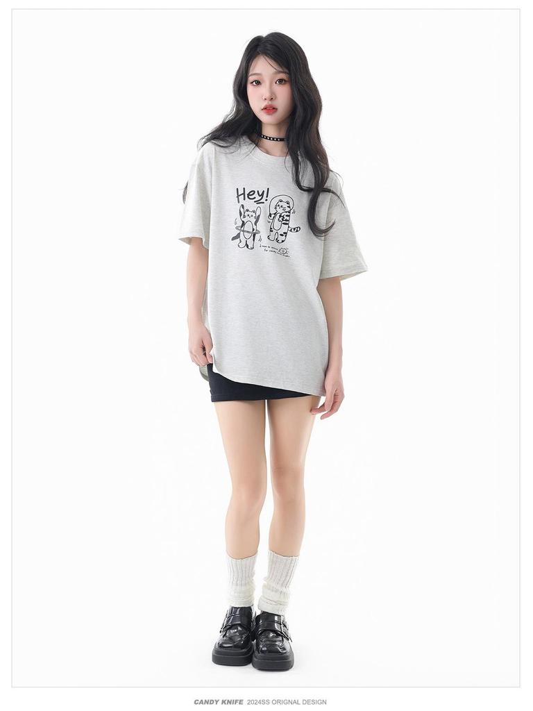 Унисекс Летний Тренд Хлопковая Футболка с Принтом Кота, Со Спущенным Плечом, Свободного Кроя