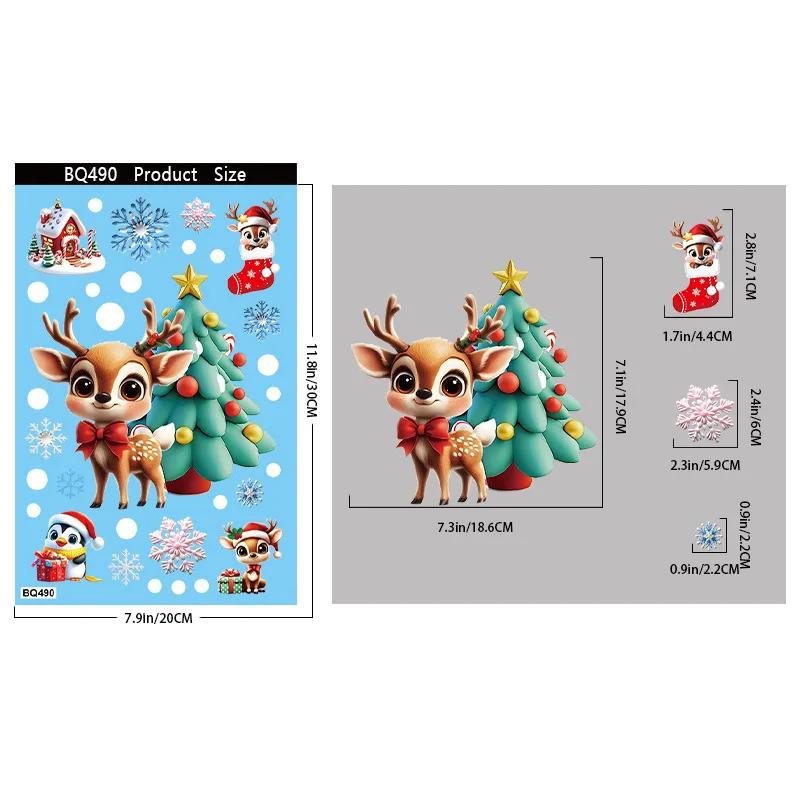 3D Christmas Window Stickers Electrostatic Cling with Santa Claus Snowman Snowflakes for Home Office Party Decor Reusable