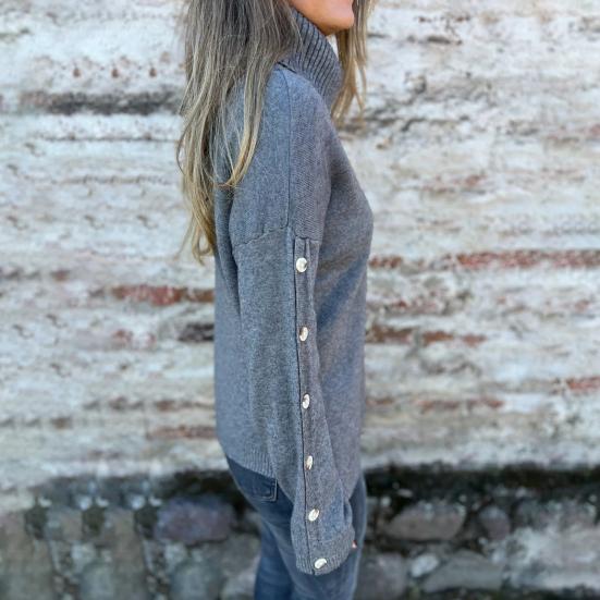 Женский свитер с высоким воротником, длинными рукавами, вязаный топ с рубчатой отделкой, однотонный, свободный низ, декорированный пуговицами, трикотаж