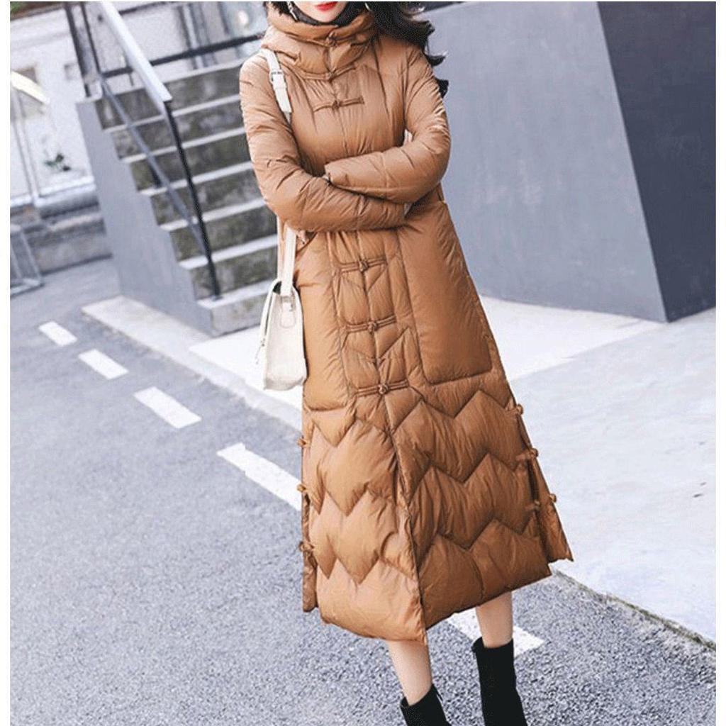 Women's Extra Long Retro Coat with Frog Button - New Version In White Duck Down, Chinese Ethnic Style