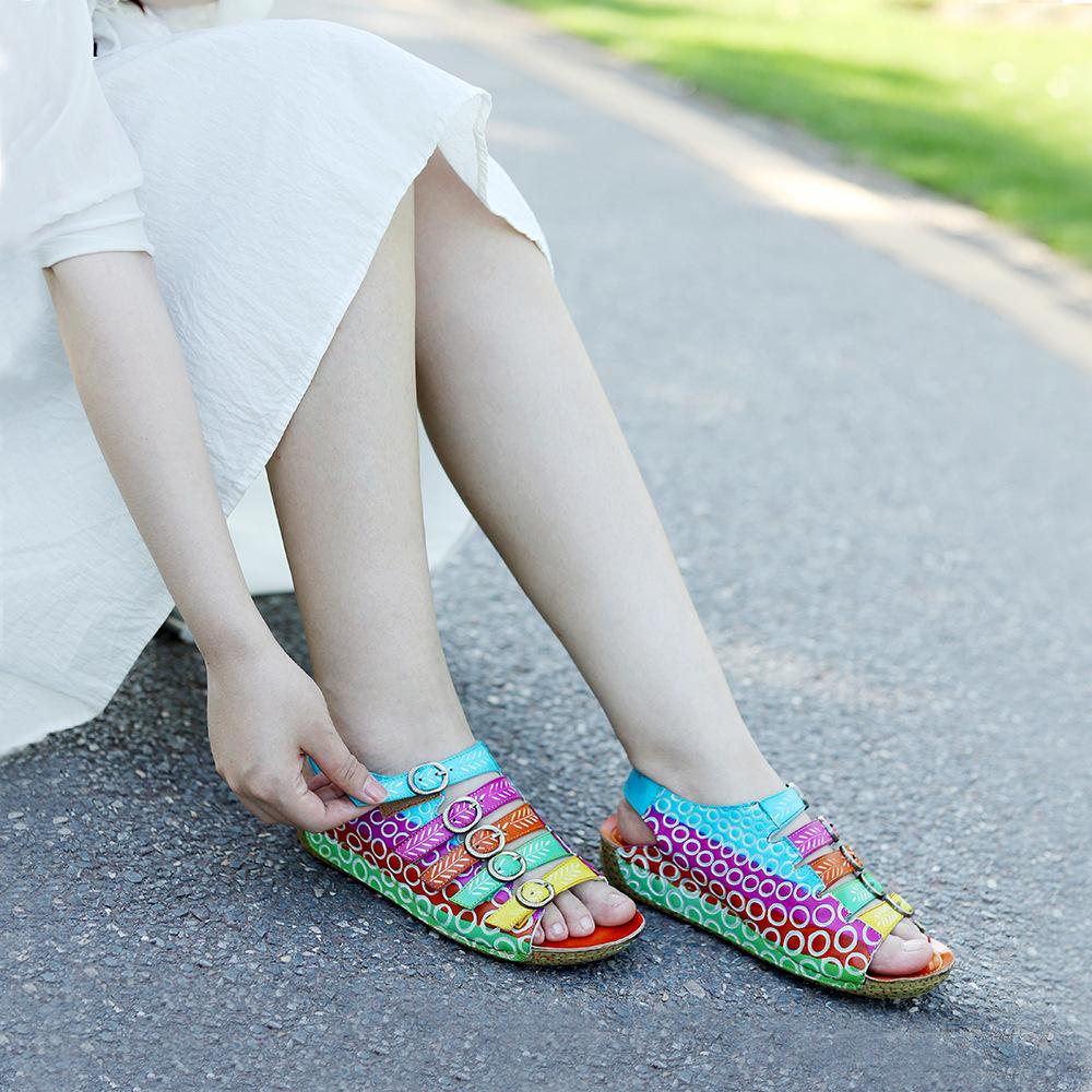 Johnature Женская обувь в стиле ретро из натуральной кожи, летние цветные сандалии на плоской подошве, удобные дышащие пляжные сандалии с ручной росписью
