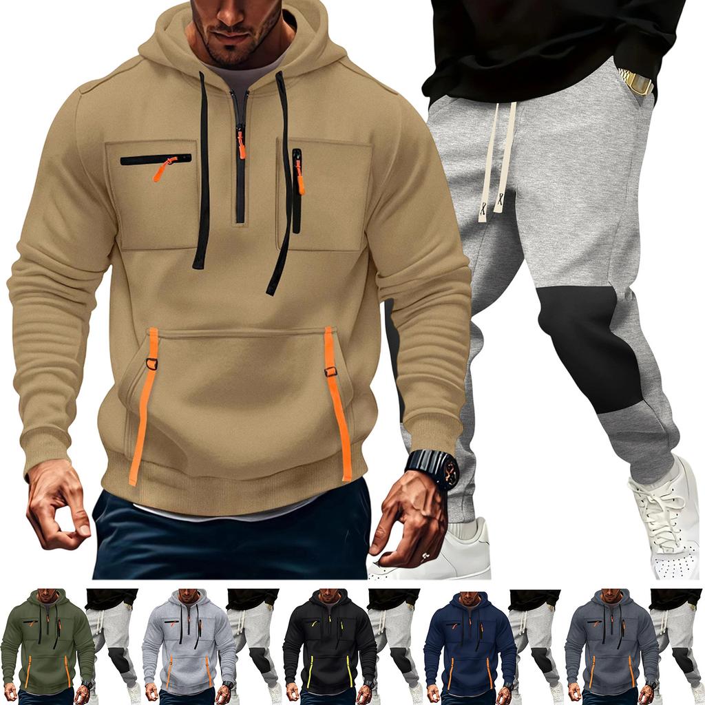 Men'S Hoodie Multi Pocket Hooded Long Sleeved Casual Sports Two-Piece Set