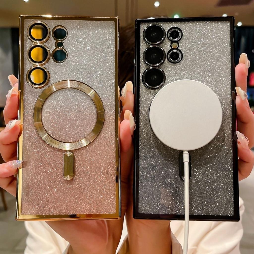 Роскошное гальваническое покрытие с блестками, магнитный чехол для Magsafe для Samsung Galaxy S21 FE S22 S23 S24 Ultra, чехлы для телефонов, чехол для беспроводной зарядки