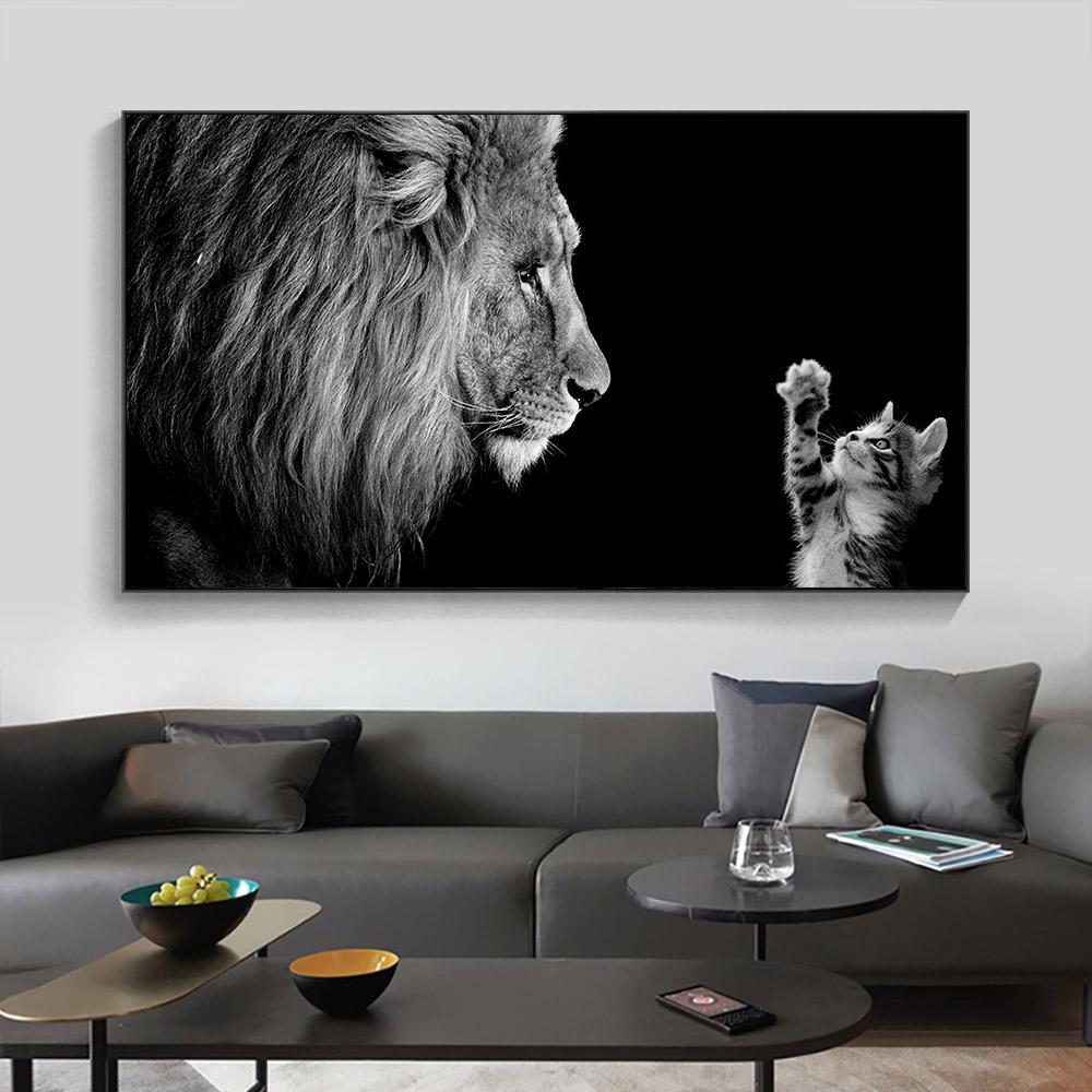 Черно-белый постер с изображением животных Лев и маленькая кошка, холст, картина, настенные художественные картины для гостиной, домашний декор, Cuadros Decorativos
