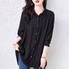 Women's Clothing Black Turn-down Collar Long Sleeve Tunic Blouse Black Autumn Fashionable Solid Color Casual Shirt Top