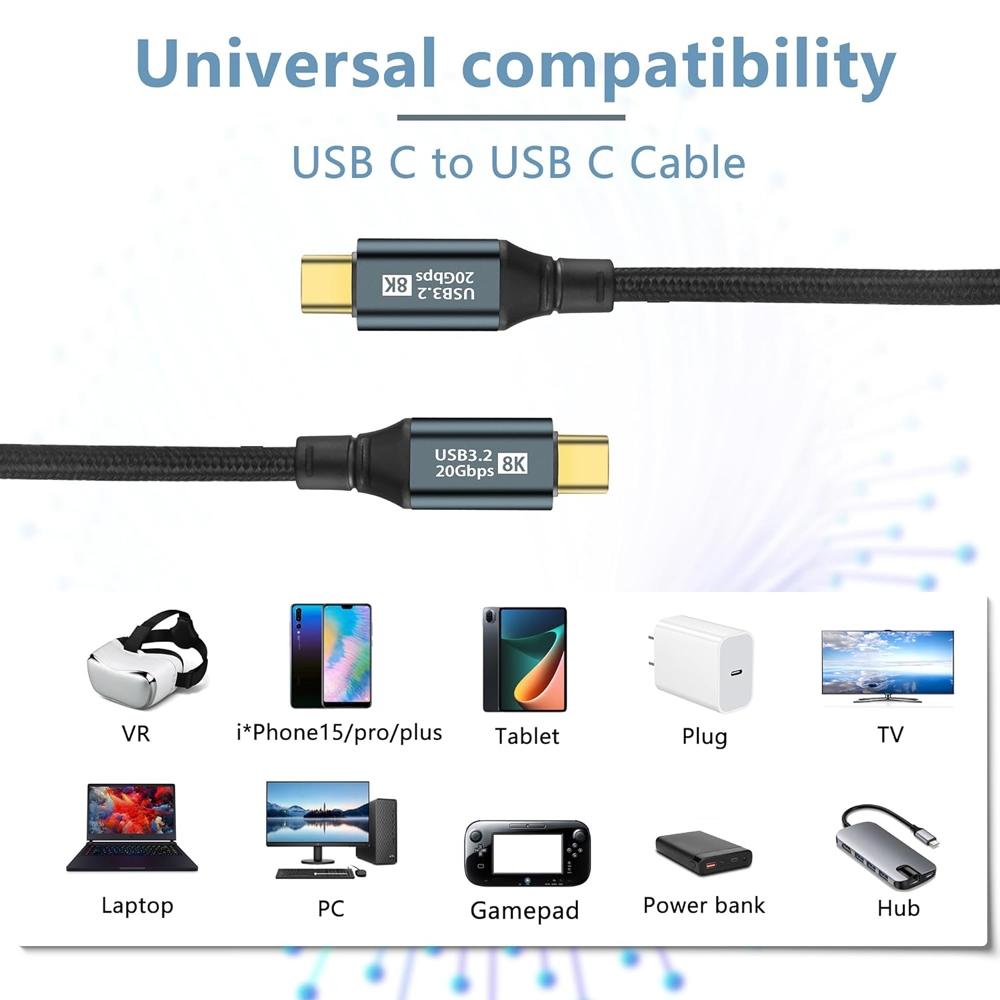 Кабель USB C-USB C PD 100 Вт USB 3.2 Type-C Gen2 20 Гбит/с 8K @ 60 Гц Видеокабель для передачи данных для ПК, ноутбука, Macbook, iPad, iPhone 15 Pro Max
