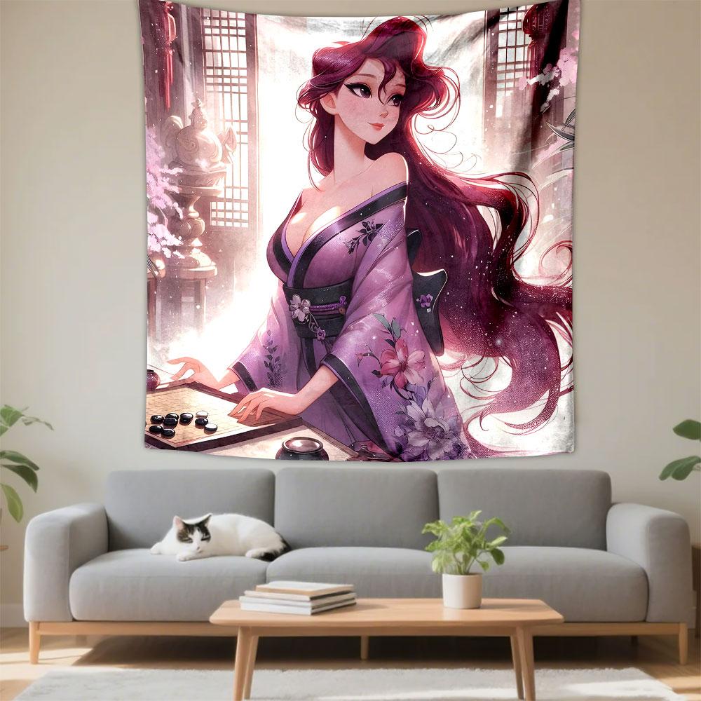Elegant Woman in Floral Kimono Playing Go Patterned Tapestry Decorative Wall Hanging, Home Bedroom Living Room Decor
