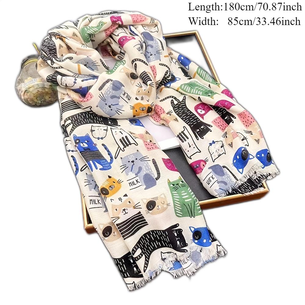 Lovely Animal Cartoon Cute Cat Pattern Fringe Viscose Scarf Lady Girls Print Soft Shawls And Wraps Pashmina Muslim Hijab Sjaal