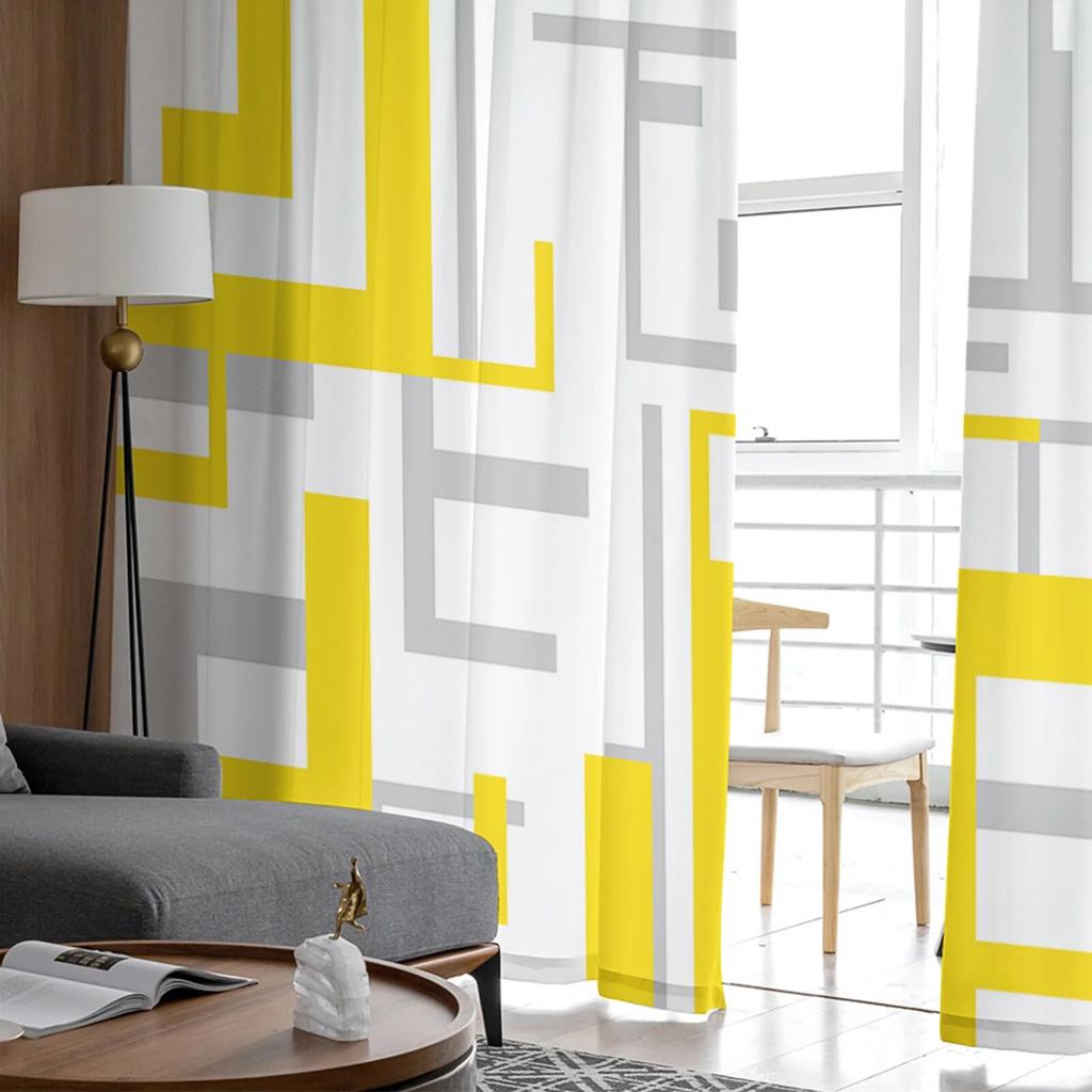 Art Geometry Yellow Grey Bedroom Transparent Sheer Curtains Holiday Decoration Window Voile Tulle Curtain