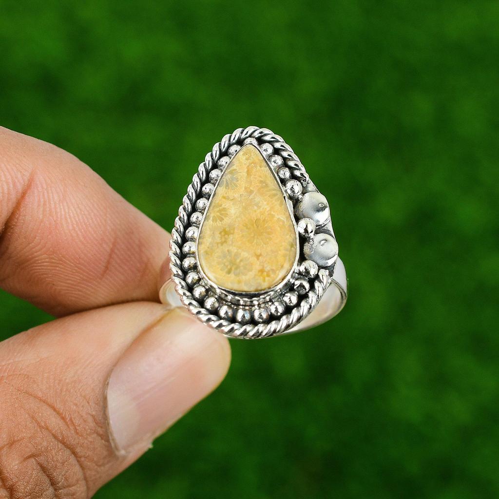 925 Sterling Silver Fossil Coral Stone Elegant Boho Statement Bezel Ring Jewelry