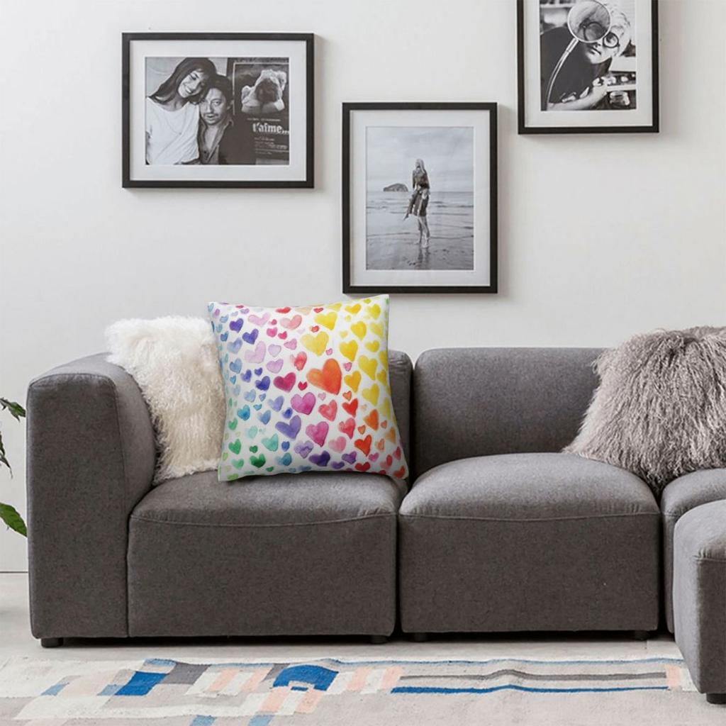 Rainbow Hearts Square Pillowcase Polyester Linen Velvet Pattern Zip Decor Pillow Case Sofa Seater Cushion Cover